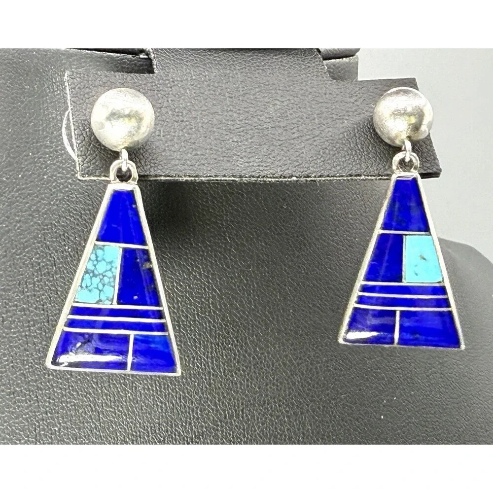Navajo Calvin Begay Sterling Silver Lapis Turquoise Inlay Dangle Earrings Signed